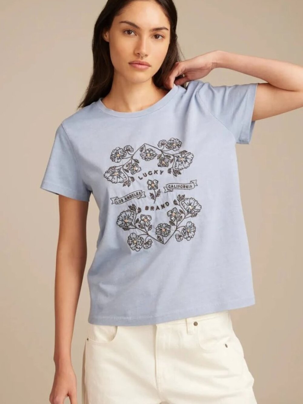 Lucky Brand Women’s Blue Floral Print Scoop Neck Short Sleeve T-Shirt, Size: S
